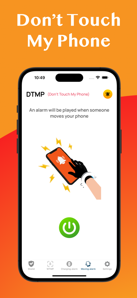 WTMP | Who Touched My Phone? - WTMP app interface showing the motion alarm feature to prevent unauthorized access