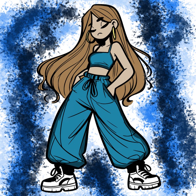 girl in baggy pants crop top and long hair