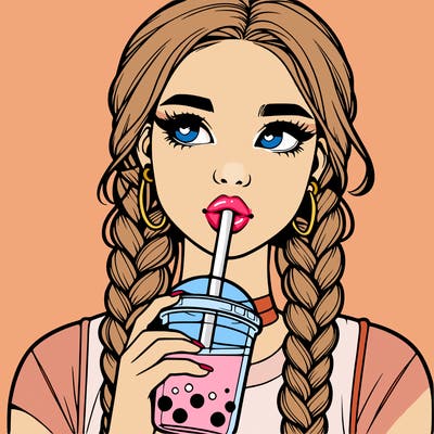 realistic girl with braided hair drinking boba