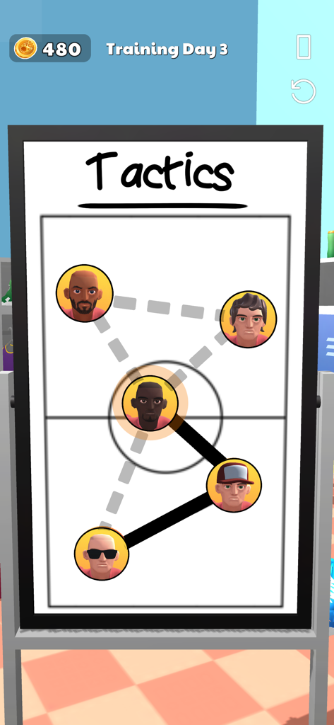 A tactics whiteboard in Dodge The Ball 3D showing a dodgeball court strategy and player icons