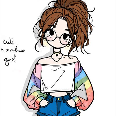 girl with a messy ponytail glasses a baggy crop top and jean shorts