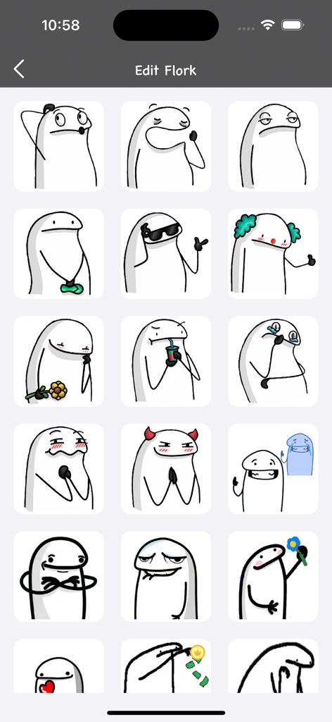 Una cuadrícula de varios stickers de personajes Flork con diferentes expresiones y accesorios en la biblioteca de la app.