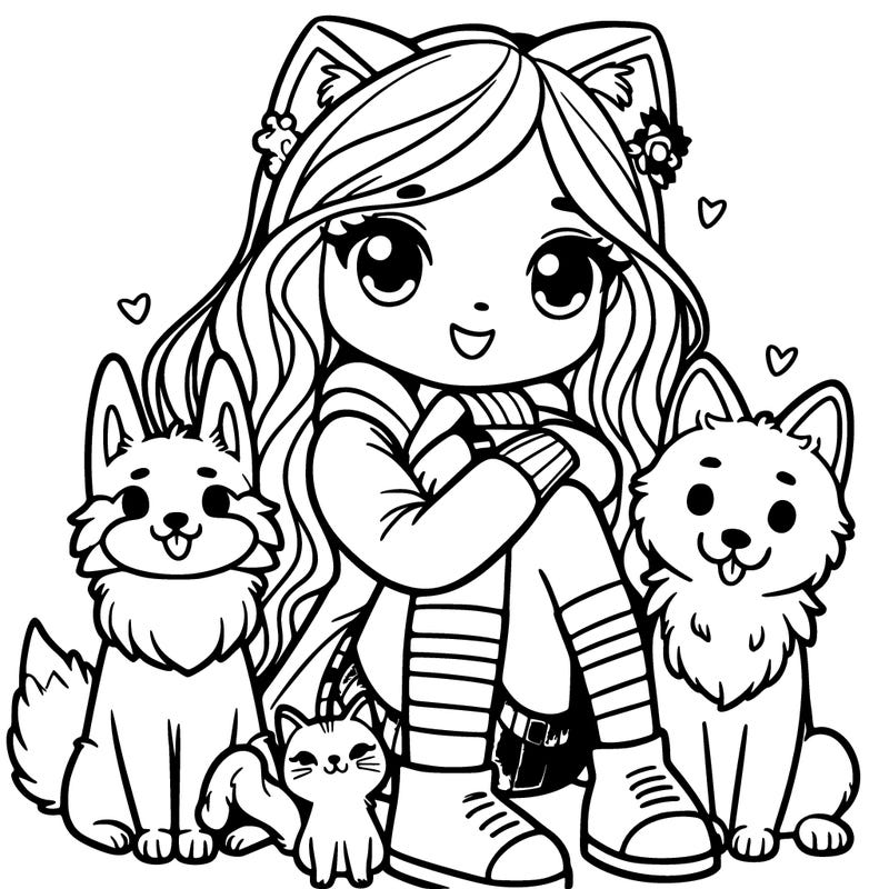 girl with wolf ears and tail curled around her with 2 dogs sitting next to her and a cat on her lap