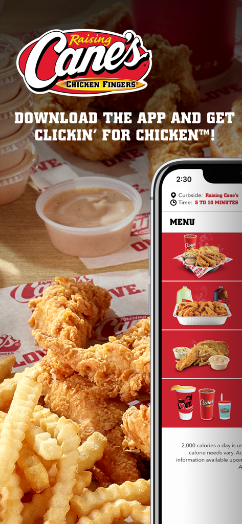 Raising Cane's mobile app screen displaying the menu with chicken finger combos and fries
