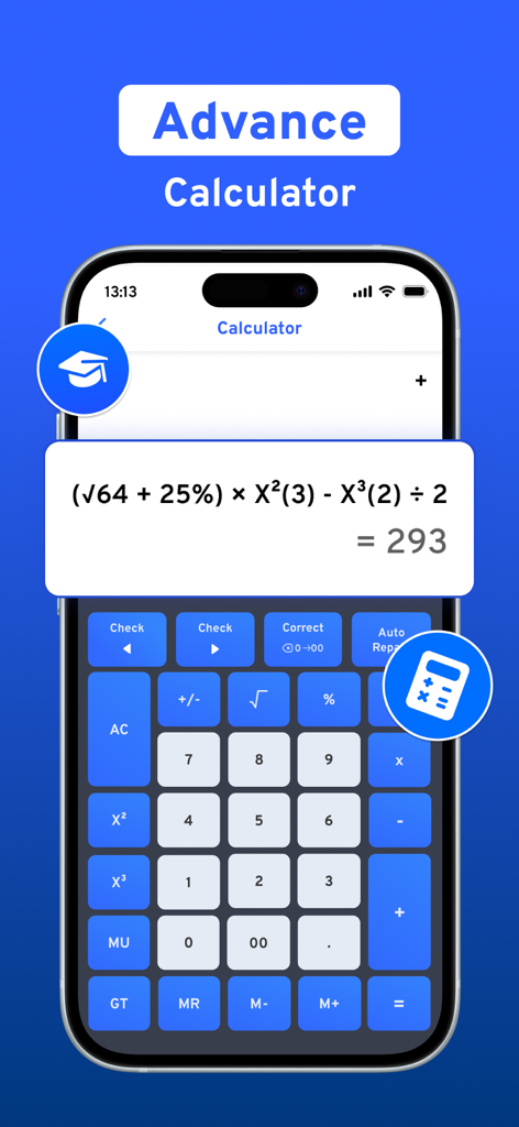 AI Homework Helper - MathGo - Advanced calculator interface in the MathGo AI Homework Helper app showing a complex equation solved on an iPhone.