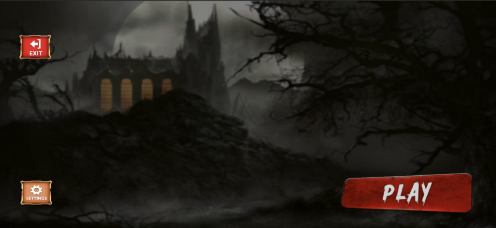 Scary Horror 3d Creepy Game - Main menu of a 3D horror game showing a creepy mansion on a hill at night with a play button.