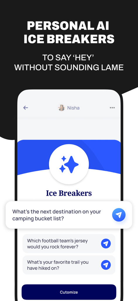 Smartphone screen showing Alyke app personal AI ice breaker suggestions for starting conversations.
