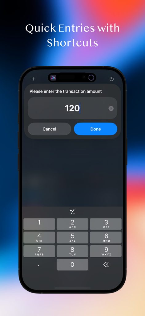 MOZE - Captura de pantalla de la aplicación MOZE que muestra la función de acceso directo de entrada rápida en un iPhone con un teclado numérico para ingresar montos de transacciones.