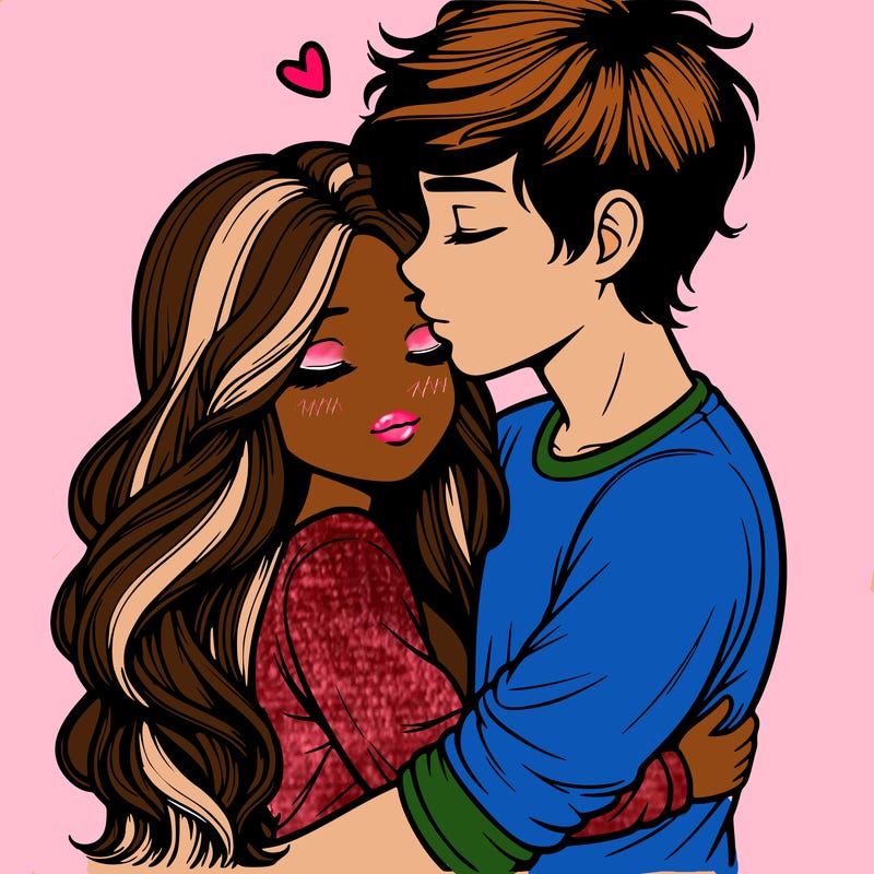 a realistic couple boy and girl hugging and kissing