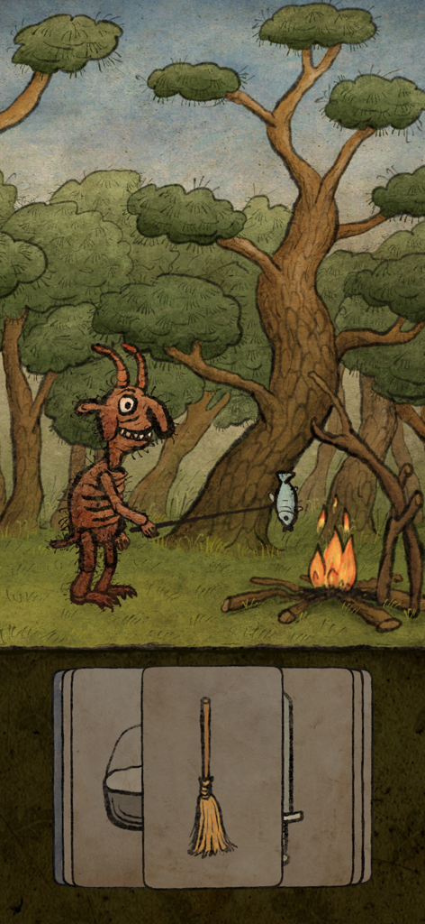 Pilgrims - A hand-drawn character roasting a fish over a campfire in the game Pilgrims with item cards visible at the bottom.