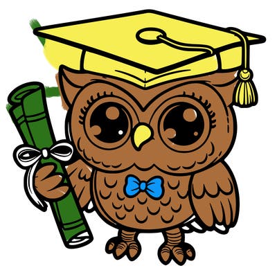 an owl wearing a graduation cap holding a diploma