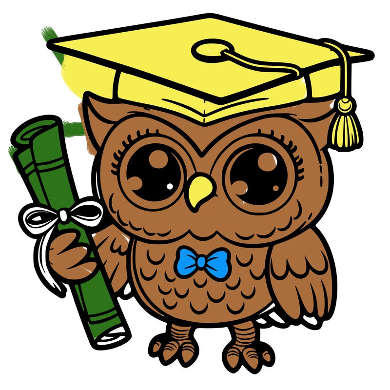 an owl wearing a graduation cap holding a diploma