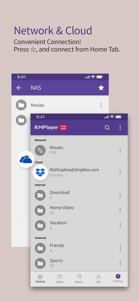 KMPlayer+ Divx Codec - Interface of KMPlayer showing network and cloud storage options like FTP and Dropbox