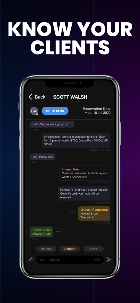 Nightclub management app interface showing real-time client communication and VIP reservation tracking