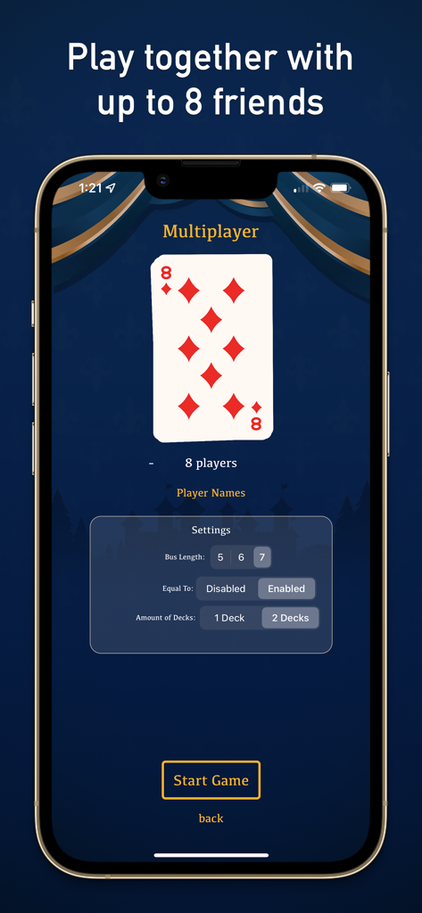 Ride The Bus - epic partygame - Ride The Bus multiplayer setup screen showing game settings for up to 8 players and a double card deck option