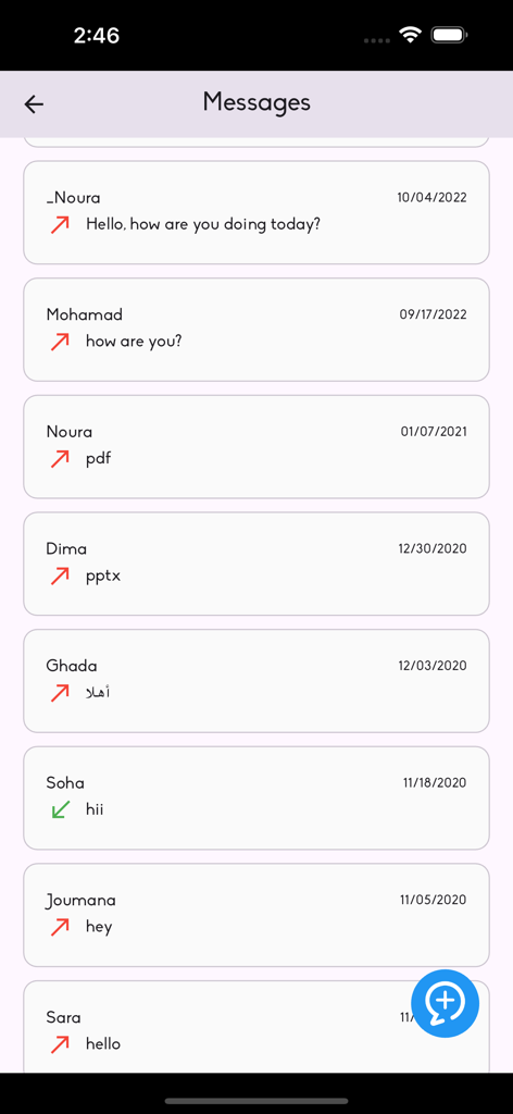 iCare Admin - A interface do módulo de mensagens no aplicativo iCare Admin mostrando uma lista de conversas com pais e funcionários, incluindo datas e trechos de mensagens.