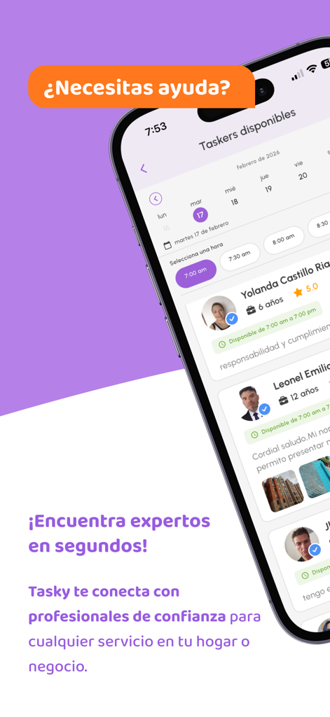 Tasky - Servicios en un clic - Interfaz de la aplicación Tasky que muestra una lista de profesionales de servicios disponibles con sus calificaciones y disponibilidad de reserva