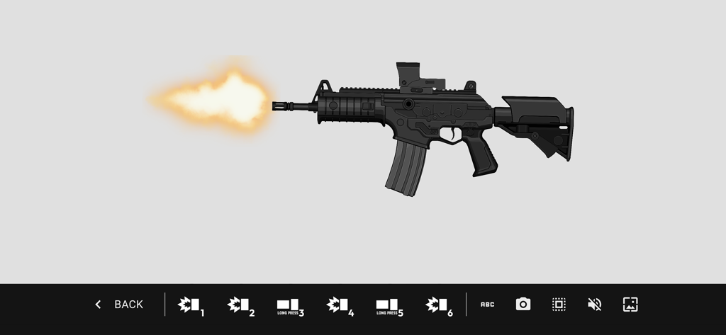 Gun Maker : pimp my weapon - A customized tactical rifle firing with a muzzle flash effect in the Gun Maker app interface