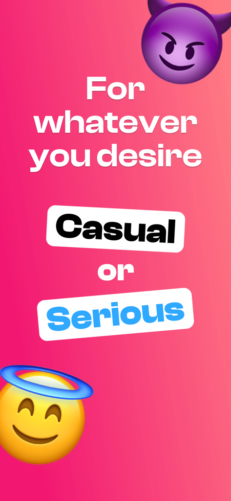 DOWN: The Casual Dating App - DOWN dating app screen showing casual or serious relationship options with devil and angel emojis