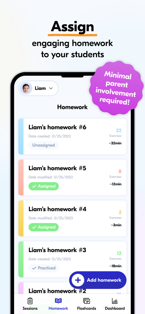 Speech Blubs Pro made for SLPs - A smartphone screen from Speech Blubs Pro showing a list of speech therapy homework assignments for a student named Liam with statuses like assigned and practiced.