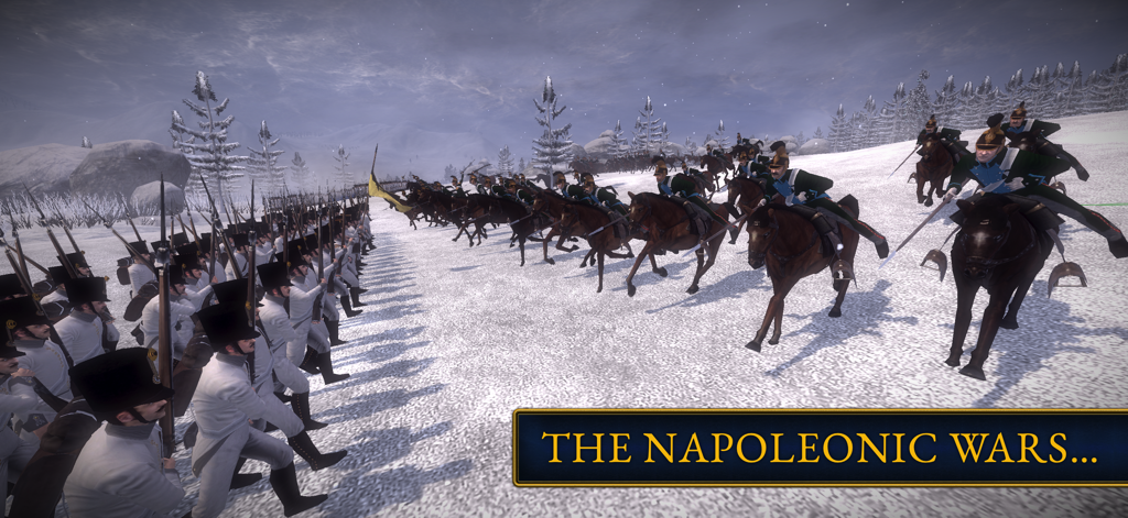 A historical battle scene with cavalry charging infantry in the snow