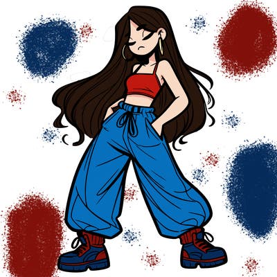 girl in baggy pants crop top and long hair