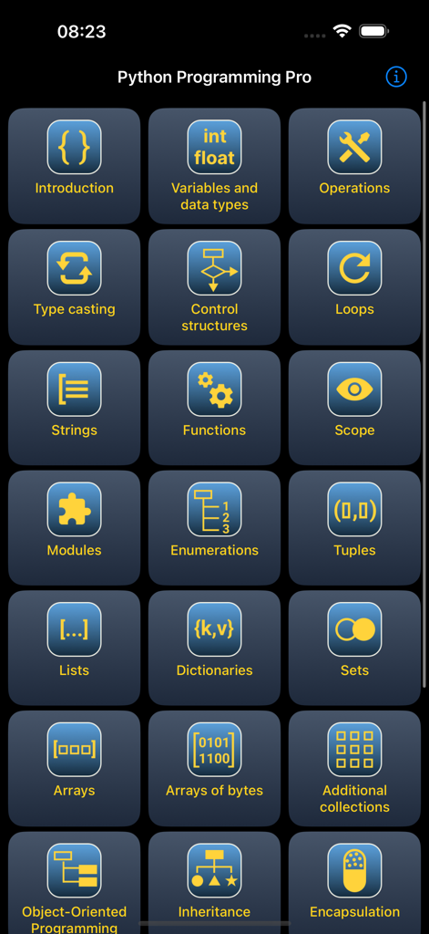 Python Programming Pro - Interface do aplicativo Python Programming Pro mostrando uma grade de módulos educacionais como variáveis, loops e programação orientada a objetos
