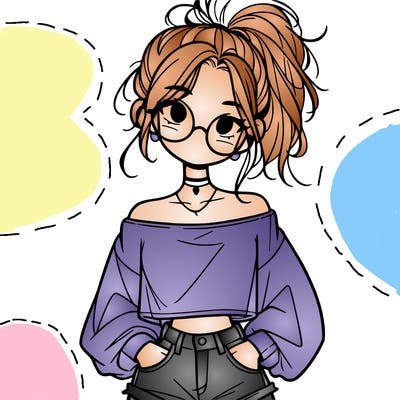 girl with a messy ponytail glasses a baggy crop top and jean shorts
