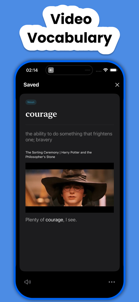 Language Reactor - PlayLingo - PlayLingo app interface showing a saved vocabulary card for the word courage with a movie scene from Harry Potter