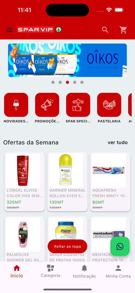 SPAR VIP - Home screen of the SPAR VIP mobile app showing weekly grocery deals and product categories in Maputo Mozambique