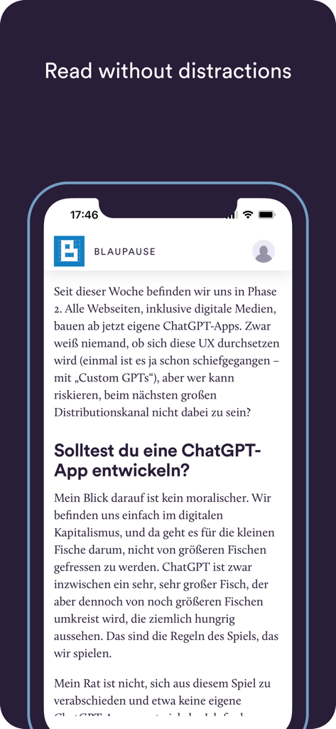 Steady App - Steady App mobile interface displaying a clean distraction free reading experience for articles