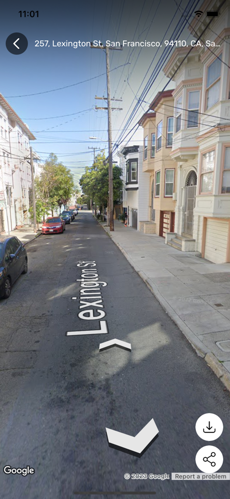A 3D street level panoramic view of Lexington Street in San Francisco showing residential houses and parked cars on a sunny day.