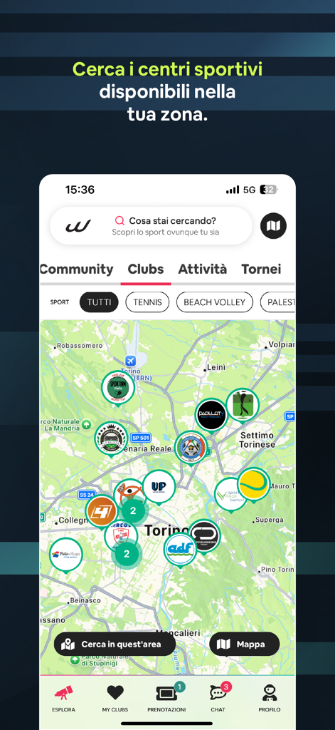 Wansport app map interface showing sports club locations and booking options for tennis and padel
