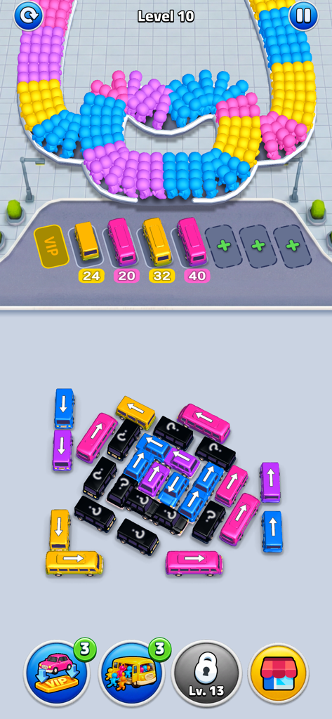 Bus Rush Fever! - Jogabilidade de Bus Rush Fever mostrando um puzzle de congestionamento de estacionamento com ônibus coloridos e passageiros esperando