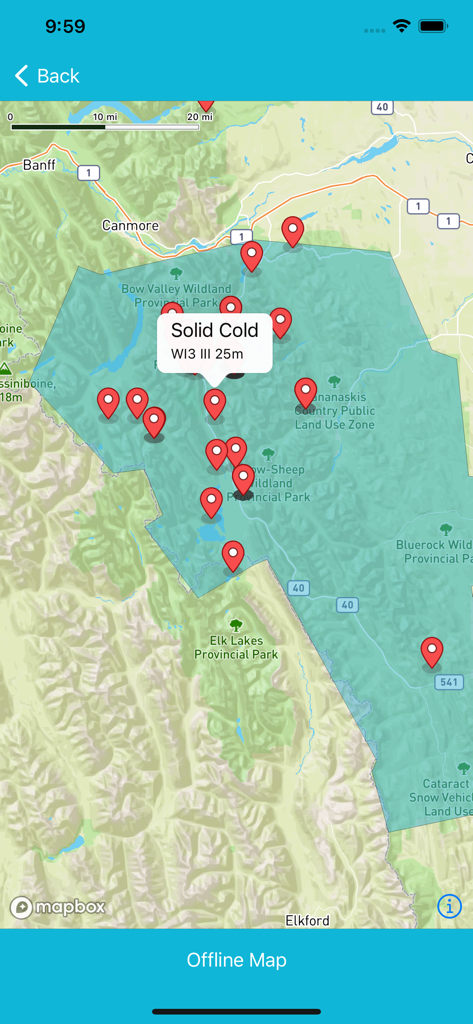 Ice and Mixed: Western Canada - Offline map within the app showing various ice and mixed climbing routes with location pins in Western Canada.