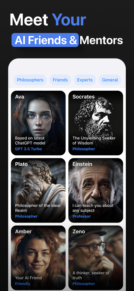 Socrates AI: Smartest Chatbots - Socrates AI app interface showing a menu of AI characters including philosophers like Socrates and Plato and friends like Amber.