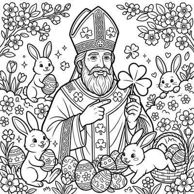 Embark on a delightful coloring journey where St. Patrick's rich traditions meet the cheerful spirit of Easter. This charming illustration presents Saint Patrick alongside adorable bunnies, beautifully decorated eggs, and blooming spring flowers.
