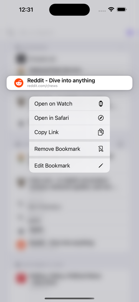 Luna Browser for Watch - iPhone context menu with an option to open a Reddit link on an Apple Watch