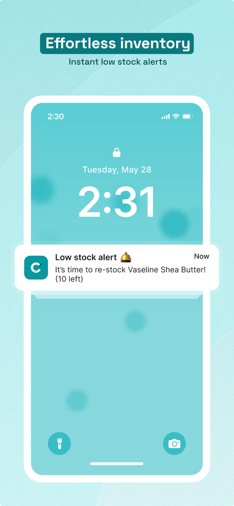 Cantant - Smarter Bookkeeping - Tela de bloqueio de um celular exibindo uma notificação de alerta de baixo estoque do aplicativo Cantant.