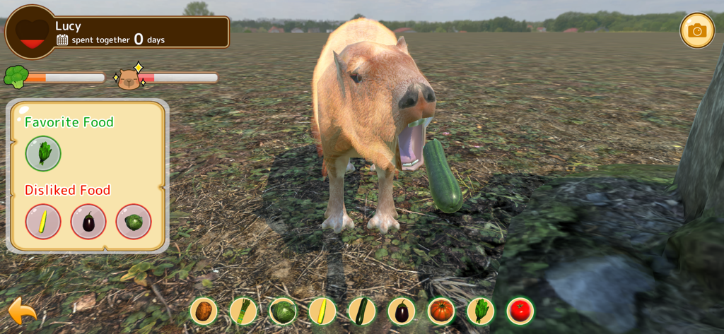 Capybara Spa - A capybara eating a cucumber in the Capybara Spa mobile game interface
