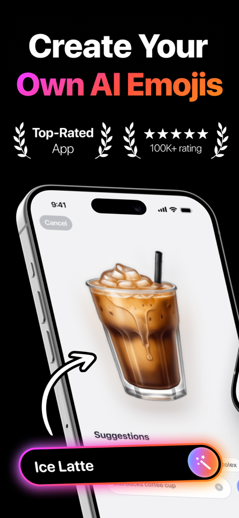 Interfaz de la aplicación Playground que muestra un emoji IA personalizado de un latte helado a partir de un prompt de texto.