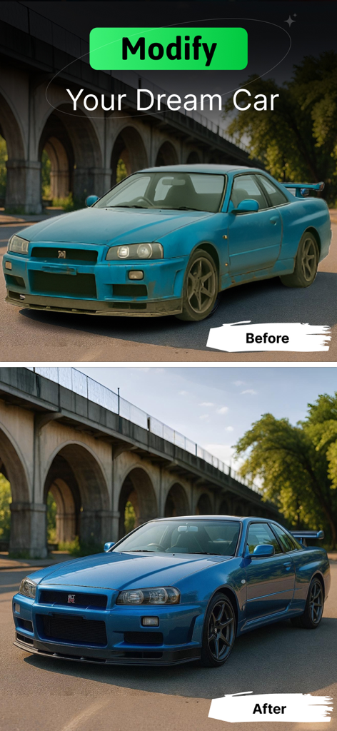 AI Car Designer: Car Modify AI - Comparación antes y después de un Nissan Skyline GT-R azul desgastado transformado en una versión modificada y limpia usando IA