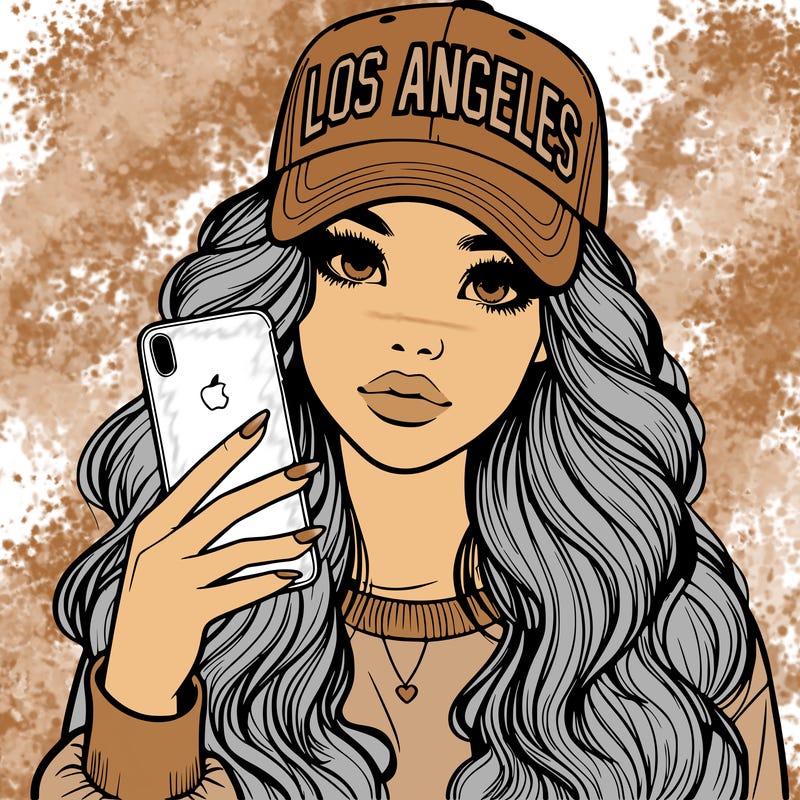 realistic beautiful girl wearing los ángeles cap holding an iphone