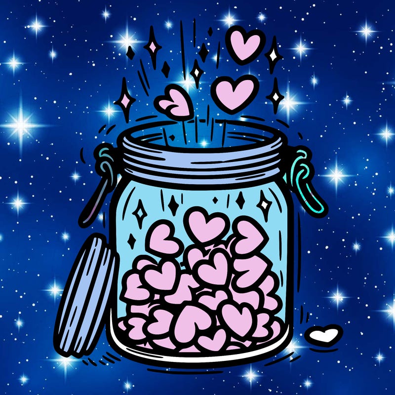 a jar filled with glowing hearts slowly opening and releasing them.