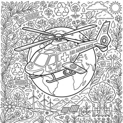This engaging coloring page beautifully combines the life-saving mission of an air ambulance with the vital message of Earth Day. Discover a rich tapestry of environmental symbols and natural beauty, perfect for a meaningful coloring experience.