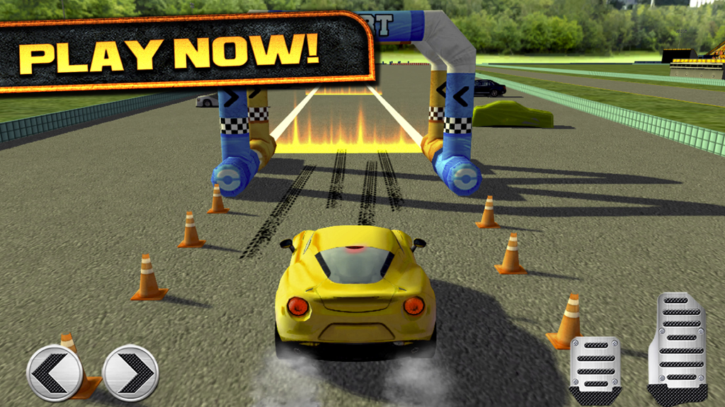 3D Real Test Drive Racing Parking Game - Free Sports Cars Simulator Driving Sim Games - A yellow sports car driving on a test track towards an inflatable finish line with on-screen game controls.