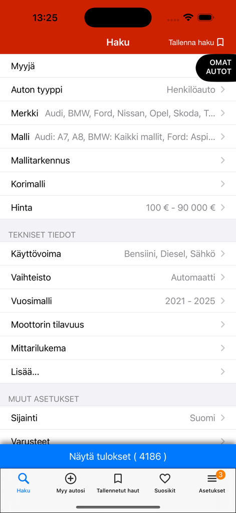 브랜드, 모델, 가격 및 기술 사양에 대한 필터가 있는 Nettiauto 모바일 앱 자동차 검색 인터페이스