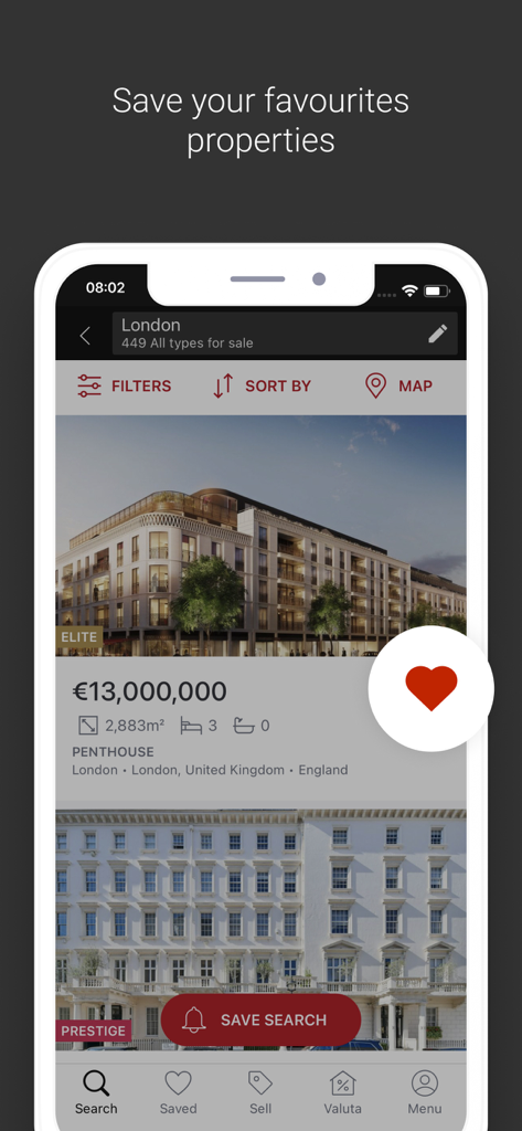 Screenshot of the LuxuryEstate app showing a 13 million euro penthouse listing in London with a heart icon to save as favorite.