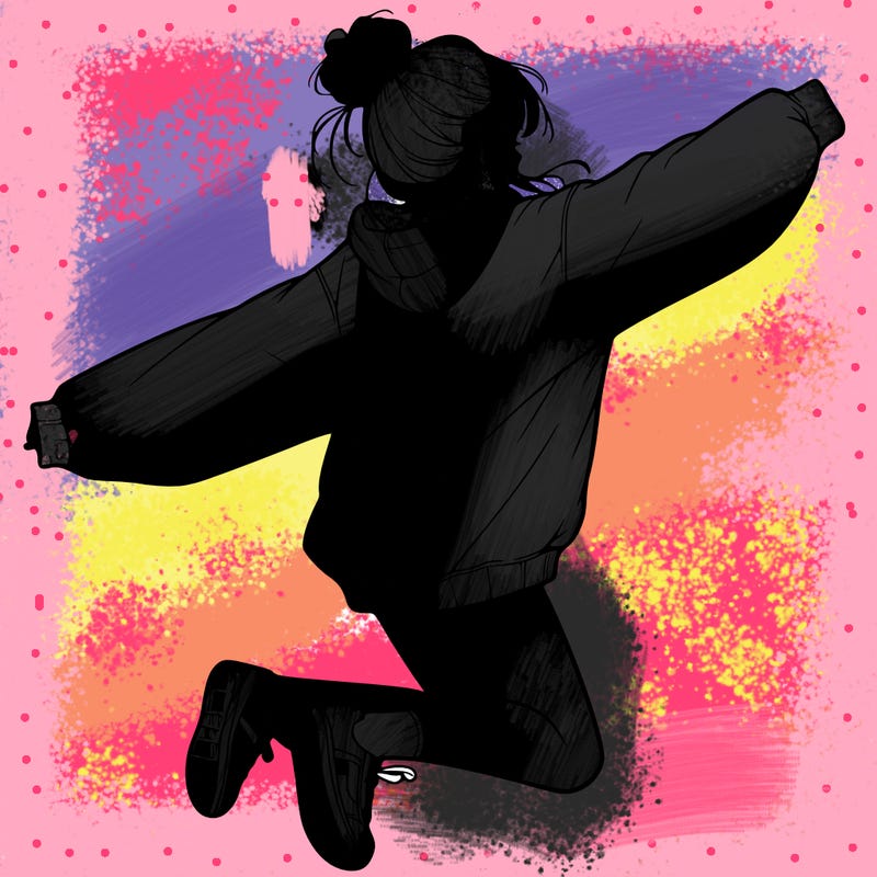 realistic girl jumping with a bun and oversized sweatshirt