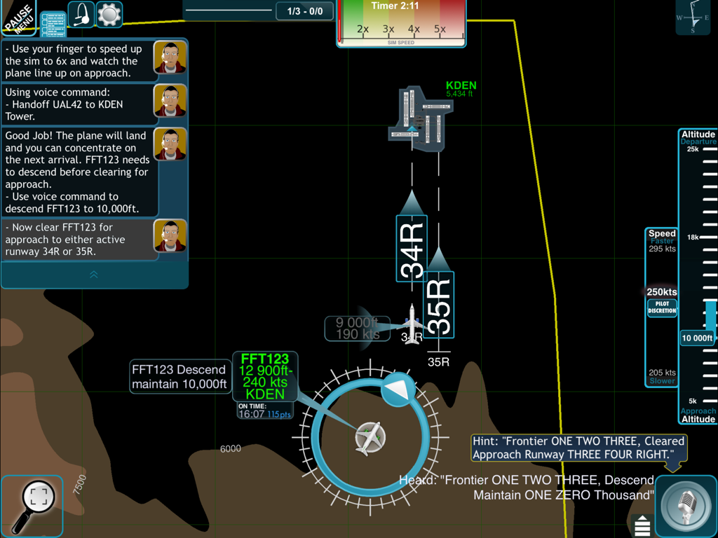Interfaz de simulación de radar de control de tráfico aéreo en iPad con seguimiento de aeronaves y comandos de voz